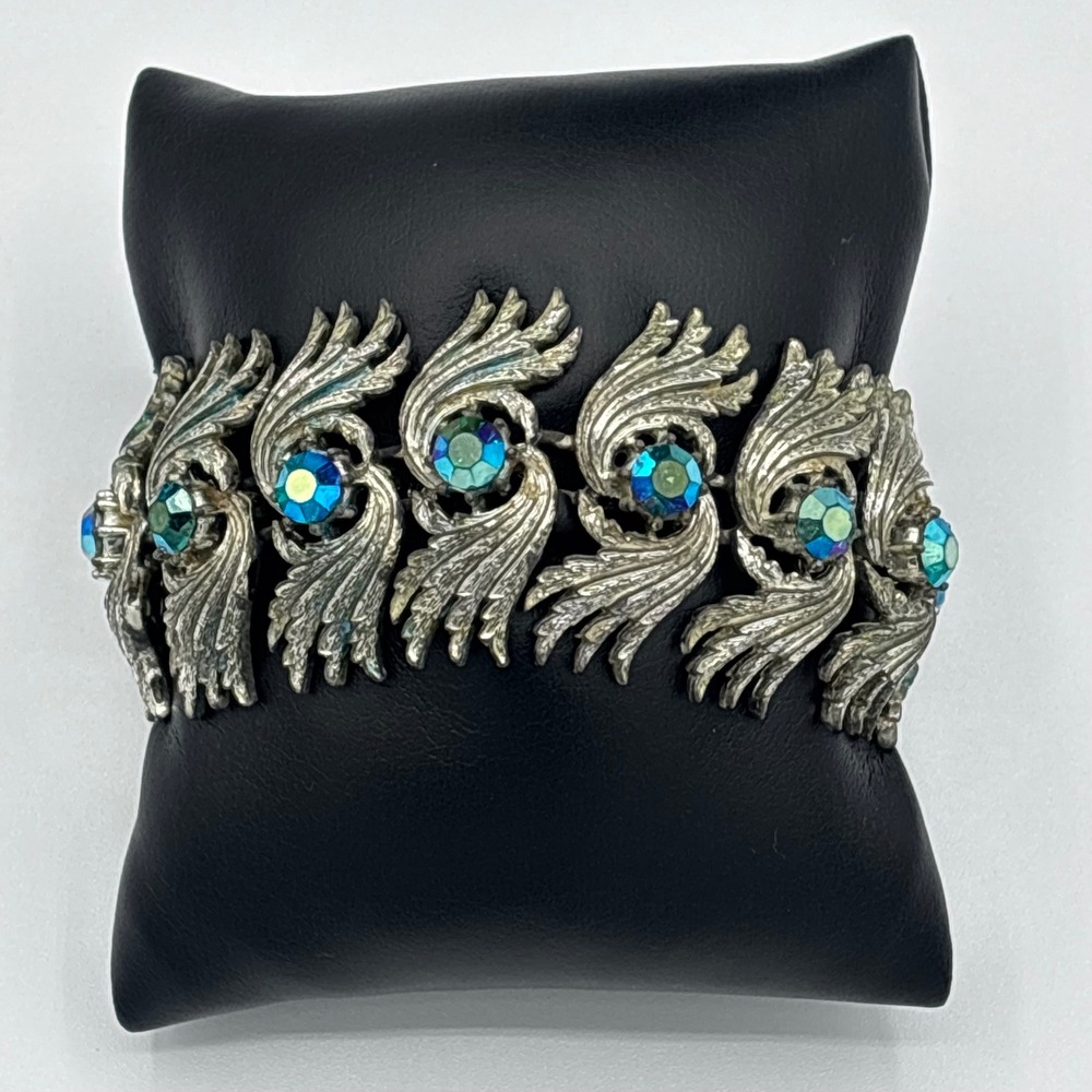 Coro Link Bracelet Women 7.25" Silver AB Rhinestone Vintage Pegasus Feather MCM